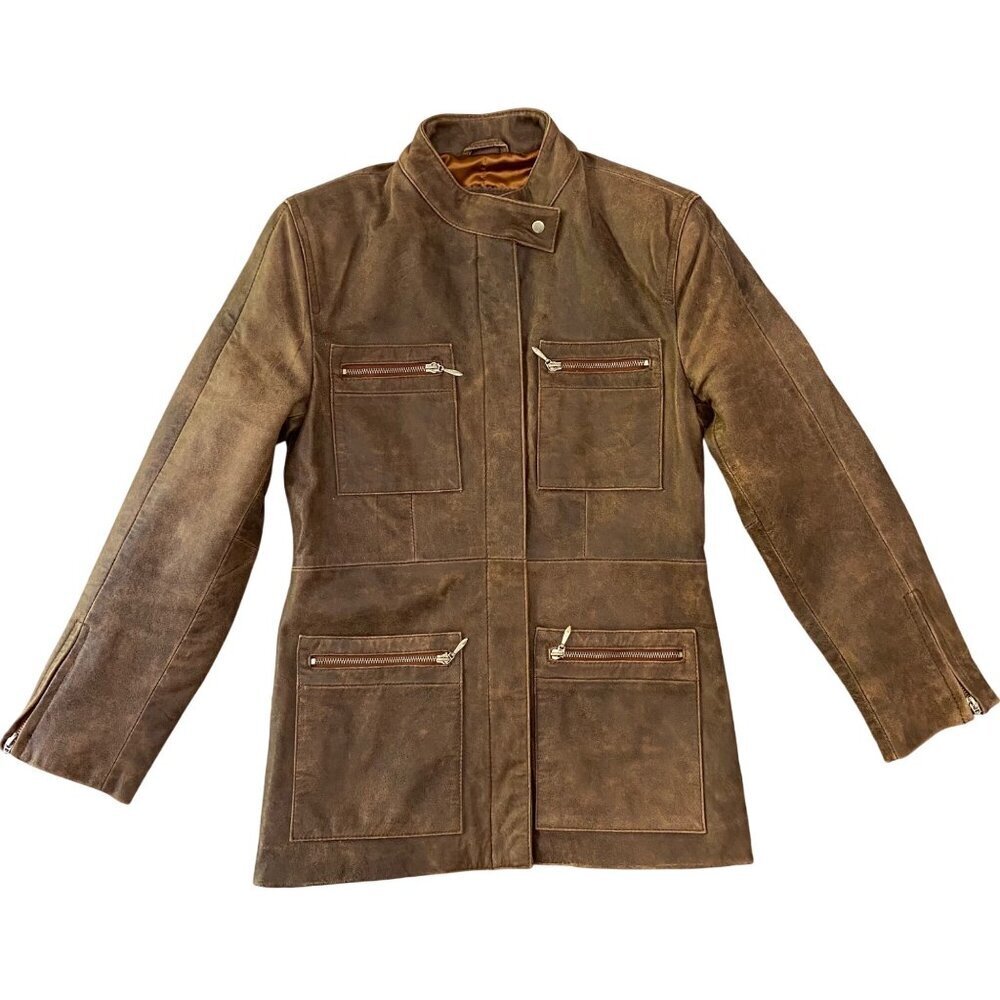 Arms Real Leather Brown Jacket Multiple Zipper Pockets & Snap Collar medium